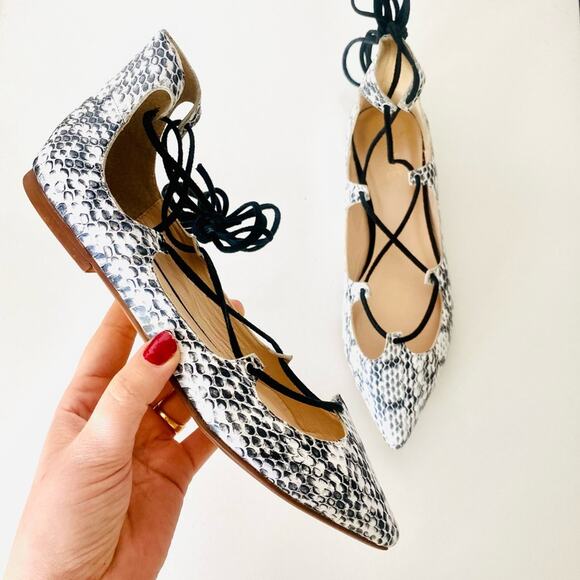 RAYE REVOLVE Black White Two Tone Snakeskin Toe Lace Up Ballet Flats Shoes 36 - Picture 1 of 13